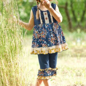 Ruffles by Tutu & Lulu Blue Floral Lace Dress Set Girls Size 5/6 Boho